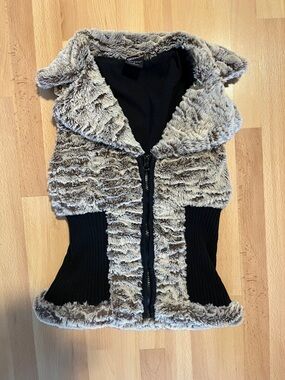 Faux Fur Zip Hooded Vest in Taupe and Black